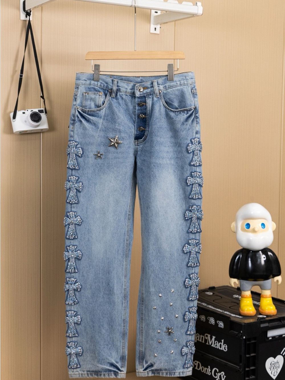 Chrome Hearts Light Blue Straight-Leg Jeans with Crystal Bow & Star Accents